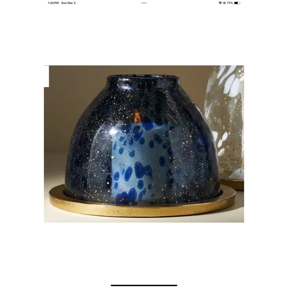 Anthropologie Speckled Navy & Gold Glass Candle Holder